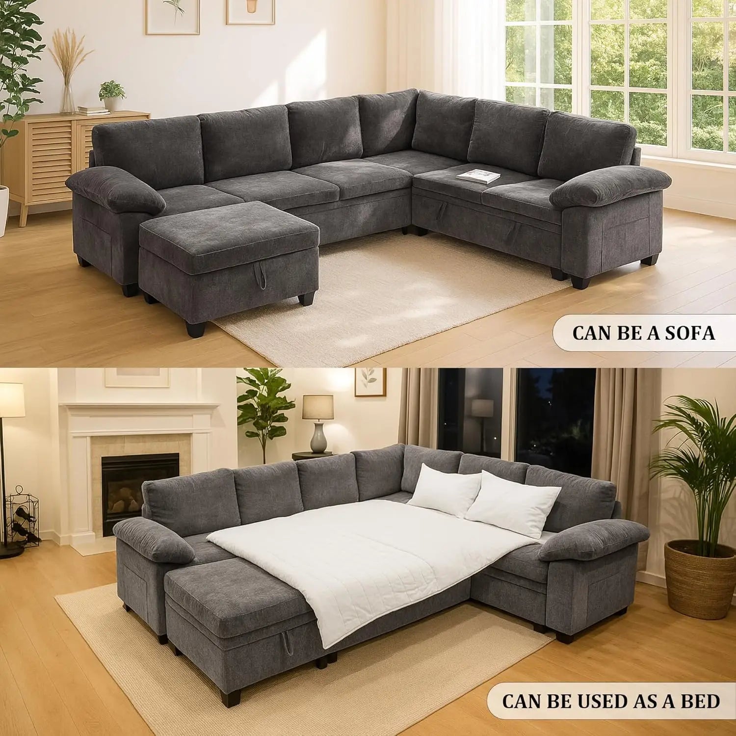 108 Inch Sectional Sleeper L Shaped Sofa with Pull Out Bed, 7 Seat Modular Sectional Sofa with Storage, Modern,...