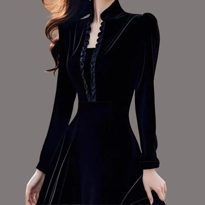 Elegant Black Velvet Dress Formal Occasion Heir to a Rich Family Luxury Feel Hepburn Style Stand Collar Long Sleeve Midi...