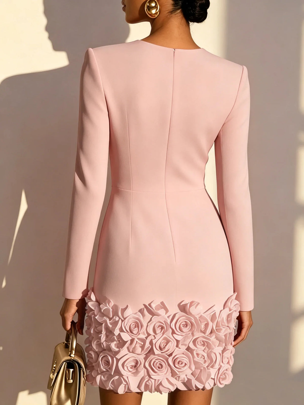 Fashion Formal Jersey Handmade Flower Pleat Straight V-neck Short Dresses Evening Party Slim Dresses High Quality Autumn Dress