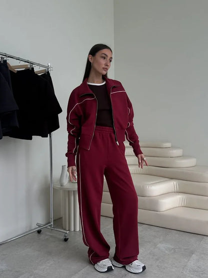 Women's Autumn Casual Long Sleeve Zipper Hoodie Jacket Striped Elastic Pants Set Fashionable Two-Piece Suit Comfortable Wear - Kimlud