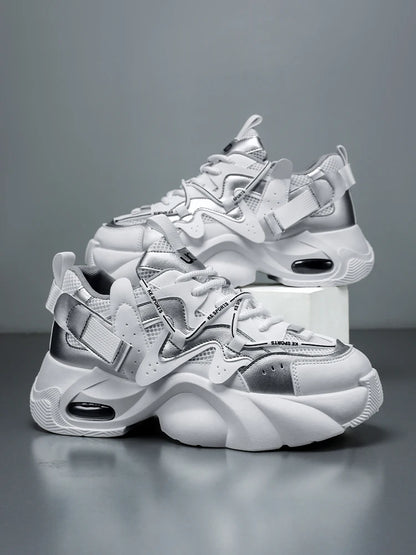 Men's Casual Sneakers with Large Mesh Breathable Upper, Metallic Texture and Contrasting Color Stitching, and Trendy Webbing Accents. Thick Air-Cushioned Soles Provide Both Height Increase and Shock Absorption, Making Them Su