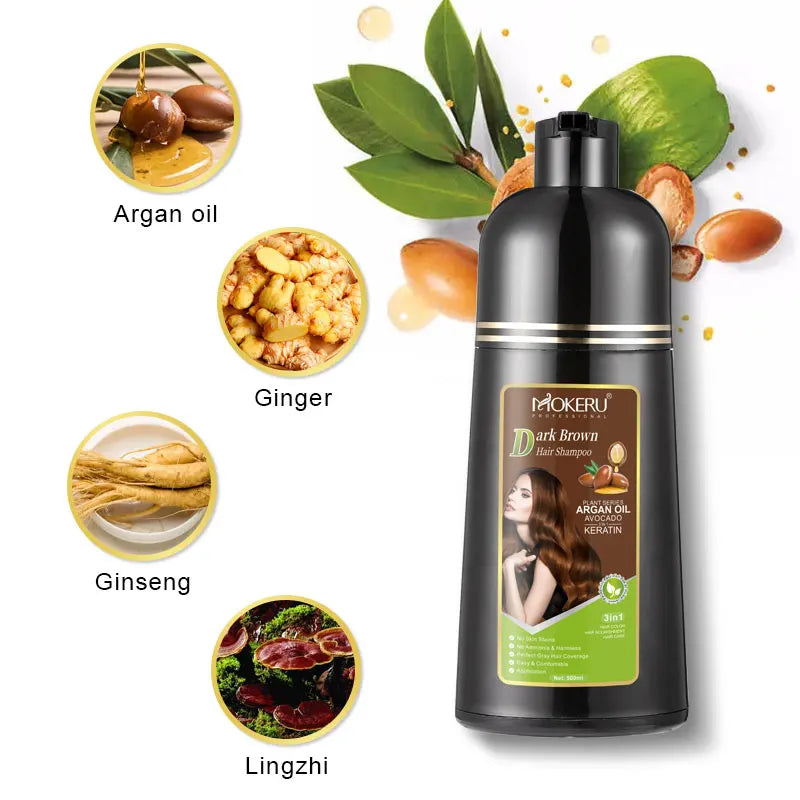 Mokeru Argan Oil Natural Avocado Keratin Long Lasting Dark Coffee Brown Permanent Hair Dye Shampoo for Gray Hair Coverage