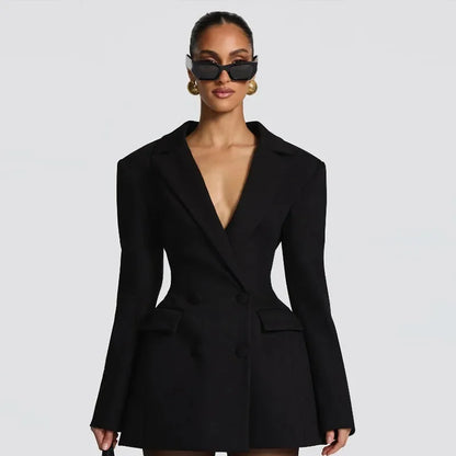 Solid Waist Cinching Blazer Dress Women Chic Long Sleeves Lapel V-neck Double Breasted Slim Short Dresses Lady Daily Street Gown