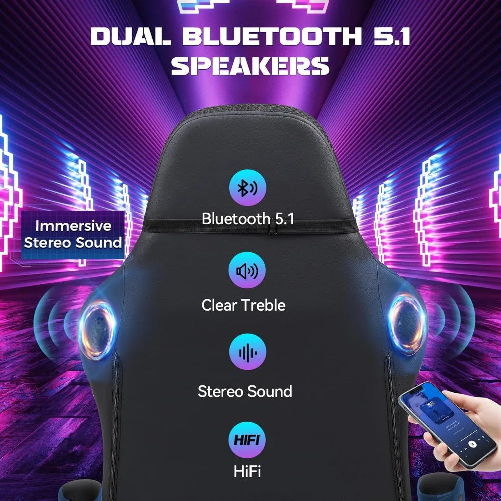 RGB Gaming Chair with Speakers and LED Lights, Ergonomic Computer Chair for Adults, High Backrest, Comfortable for PC Gamers, In