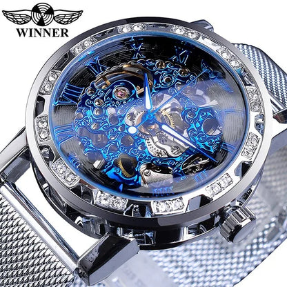 Winner Casual Mechanical Watches For Men Golden Roman Fashion Stainless Steel Belt Mesh Strap Wristwatch Clock Relogio Masculino