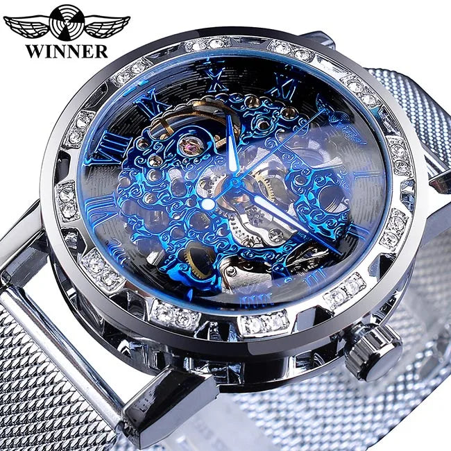 Winner Casual Mechanical Watches For Men Golden Roman Fashion Stainless Steel Belt Mesh Strap Wristwatch Clock Relogio Masculino