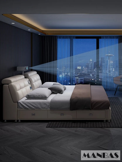 Linlamlim Ultimate Tech Smart Bed - Multifunctional Bedframe with Genuine Leather and Bluetooth Speaker, Drawers,...