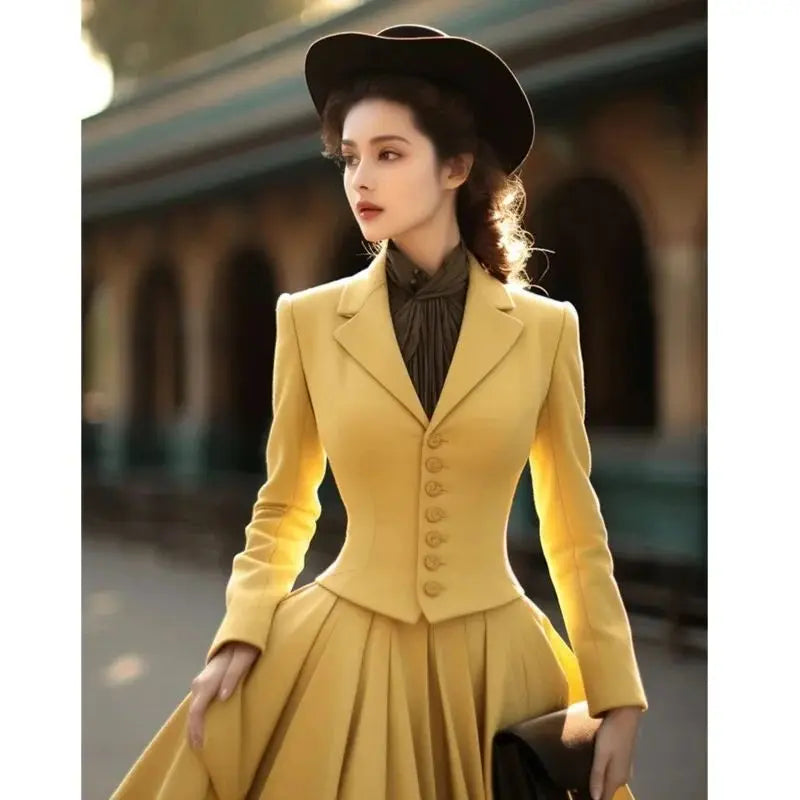 BESTBAFU Autumn Retro Party Suit Slim Short Blazer+High Waisted A-Line Pleated Long Skirt Elegant Office Women 2-Piece Set 936P