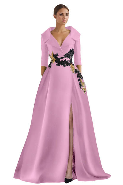 Classic Satin Evening Dresses For Women Wedding Party Guest V-neck Three Quarter A-line Side Slit Elegant Prom vestidos de gala