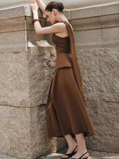 Eshin Luxury Brown Two-Piece Set Women Elegant One-Shoulder Peplum Top And High-Waisted Maxi Skirt With Sash Dubai SA1471 - Kimlud