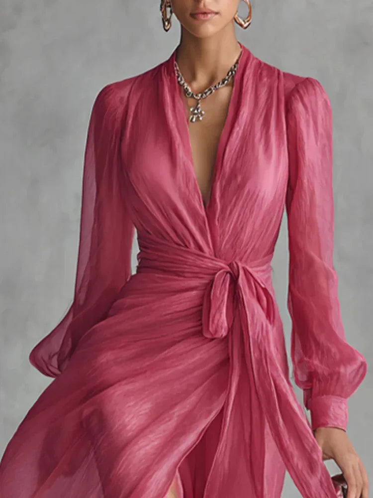 DFCF 2026 New Women Summer Fashion Solid Color V Neck Party Long Dresses Casual Elegant Long Sleeve Lace Up Split Maxi...