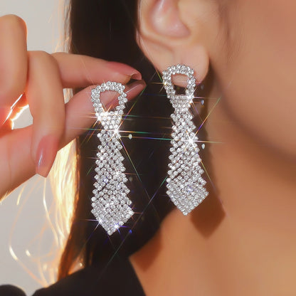 Silver Rhinestones Earrings for Women Sparkly Long Linear Dangle Earrings Dangle Tassels Statement Earrings Bridal Wedding