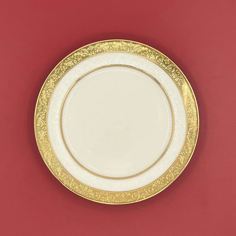 Luxurious disc relief inlaid with golden beef steak plate, palace style bone porcelain, European style gold edged tableware