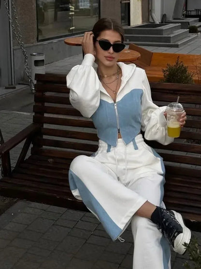 Zekye Autumn Spring Summer Hoodies 2 Piece Sets Long Sleeve Zipper Women's Tracksuit New Crop Tops Wide Leg Sport Pants...