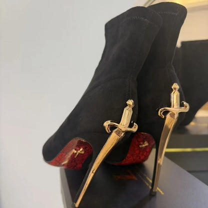 Elegant Short Boots High Boots Velvet Surface Red Bottom High Heels Ladies Fashion Metal Staff Boots Winter Youth Spring