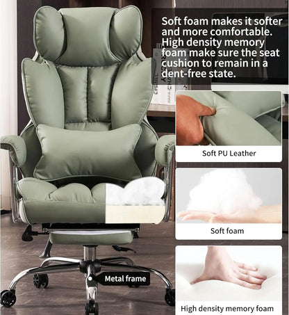 Heavy-Duty Executive Office Chair with Footrest, 400lbs Capacity, Reclining Backrest, Light Green Leather | Kimlud...
