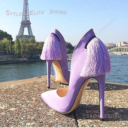 Purple Heel Tassel Suede Stiletto Feather Sandals Pointed Heels Women Hollow Pump Red Light Yellow Dance Fuchsia Cute...