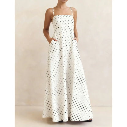 Women's Summer Slip Dress Dot Print Sleeveless Spaghetti Strap Smocked Backless Flowy Long A Line Dress with Pockets |...