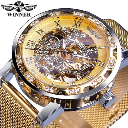 Winner Casual Mechanical Watches For Men Golden Roman Fashion Stainless Steel Belt Mesh Strap Wristwatch Clock Relogio Masculino