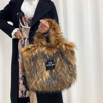 Luxury Designer The Tote Bags for Women Furry Leather Branded Fur Shoulder Bags Female Large Crossbody Handbags