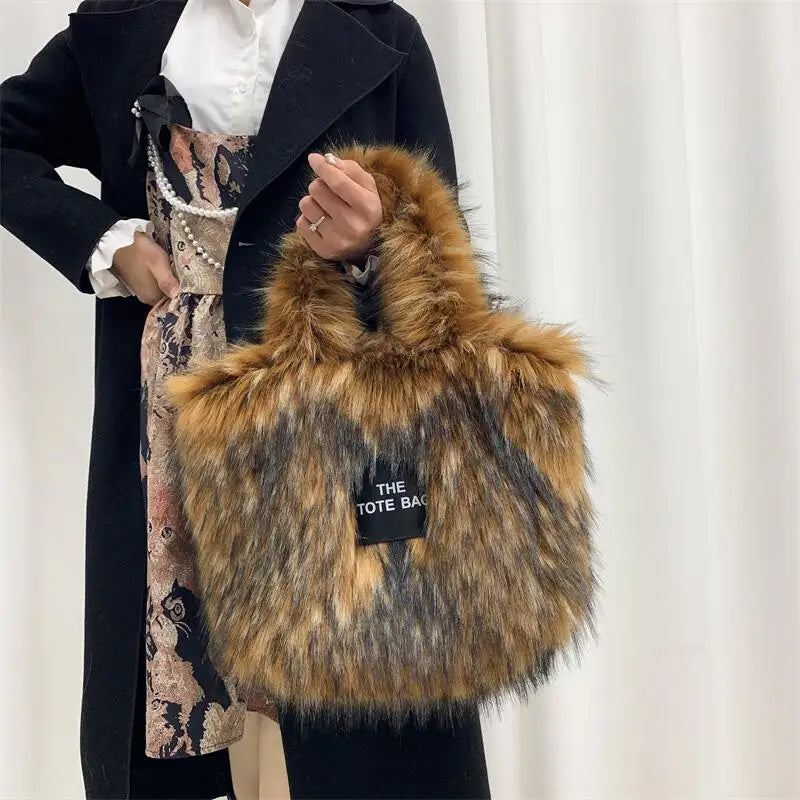 Luxury Designer The Tote Bags for Women Furry Leather Branded Fur Shoulder Bags Female Large Crossbody Handbags