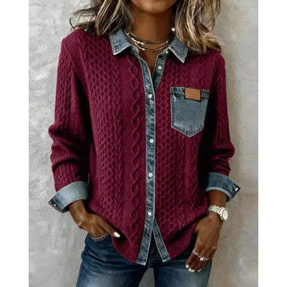 Women knit Denim Shirt Coat Overshirt Vintage Blouse Single Breasted Turn Down Collar Pockets Washed 2025 Office Lady Top Jacket - Kimlud
