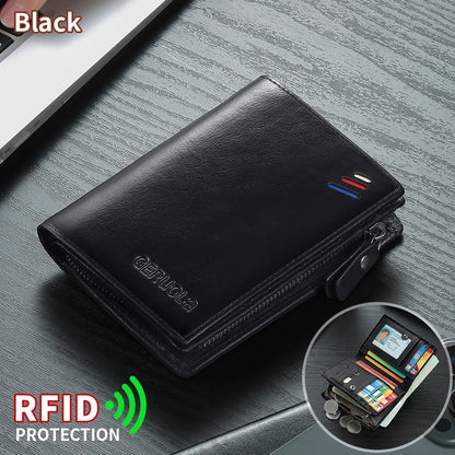 Men’s genuine leather wallet with zipped coin pocket, top-grain cowhide RFID-protected credit card holder | Kimlud Mid...