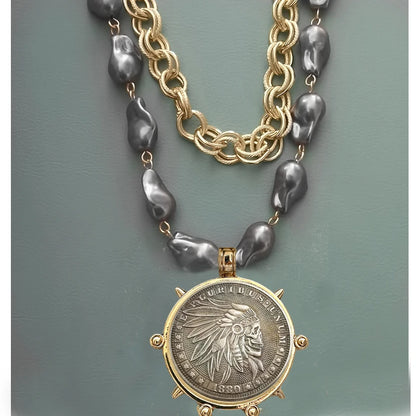 2025 chunky layer Jewelry Luxurious imitation grey pearl exaggerate coin charm pendant Clasps Carabiner Necklace...