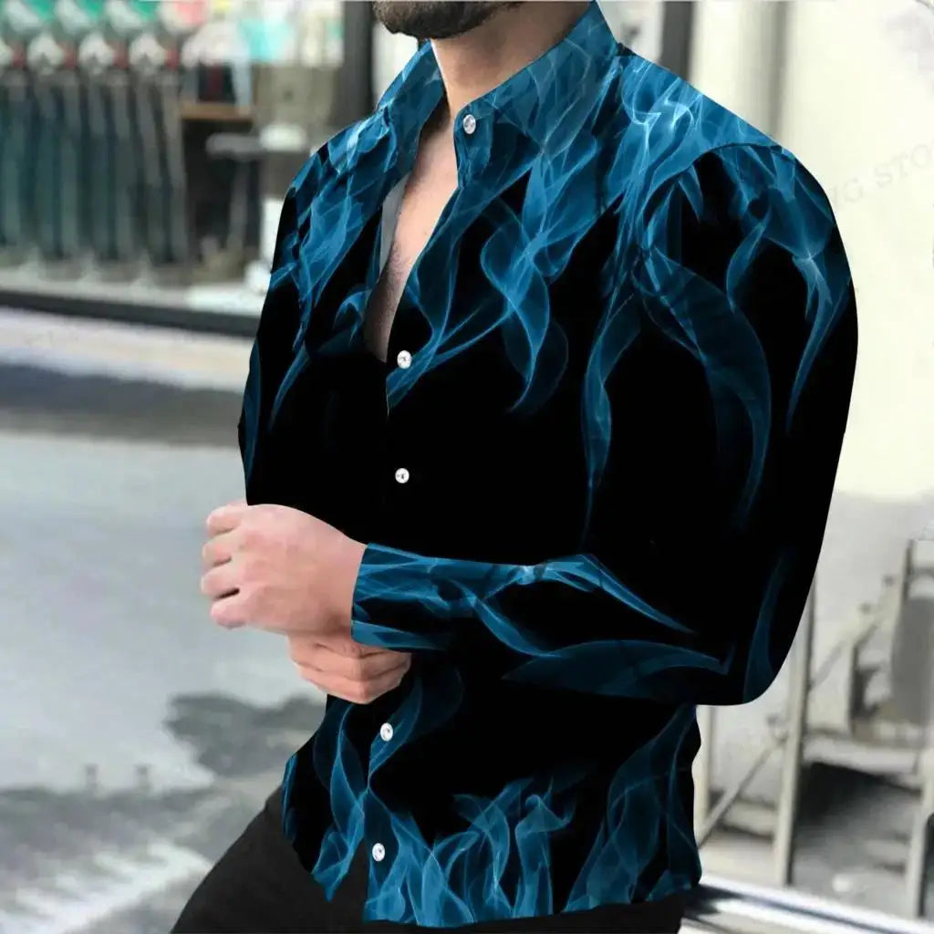 Multicoloured Flame Print Men's Turn-down Collar Button Shirt Casual Long Sleeve Shirt Fashion Streetwear Trend Tops Men Clothes - Kimlud