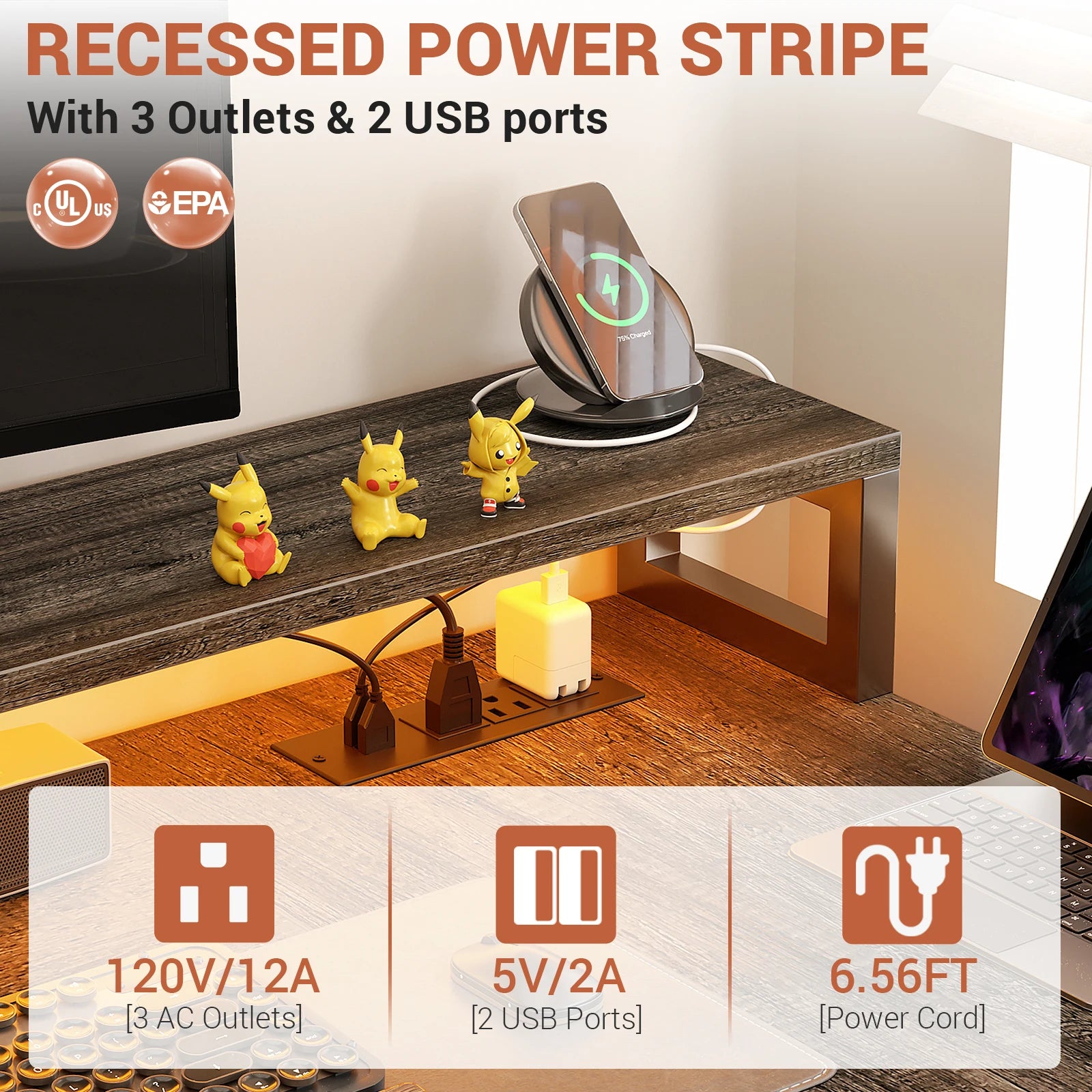 Aheaplus Reversible L Shaped Desk / Home Office Desk / Gaming Desk with File Drawer & Power Outlet & LED Strip - Kimlud