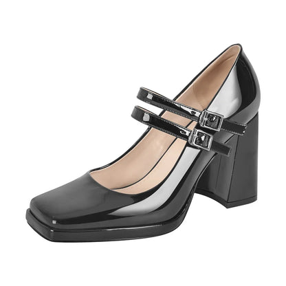 Onlymaker Women Square Toe Mary Jane Buckle Strap Chunky Heel Black Patent Leather Pumps