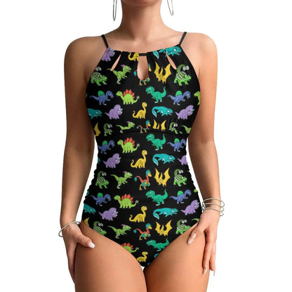 Botanical With Dinosaurs Swimsuit Dinosaur Quirky Soft Pastels Floral Swimwear Holiday Swimsuits Halter Bathing Suit |...