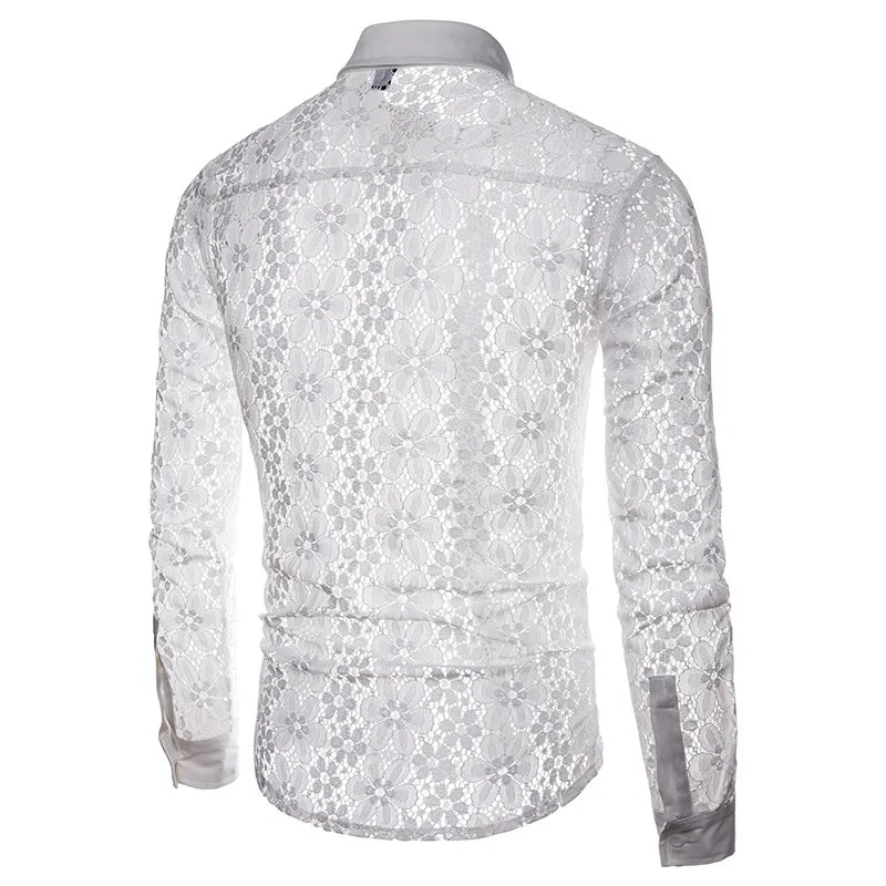 2026 Men's Lace Flowers Embroidery Long Sleeve Shirt Fashion Transparent Sexy Dress Shirts Male See Trough Club Party Tops - Kimlud