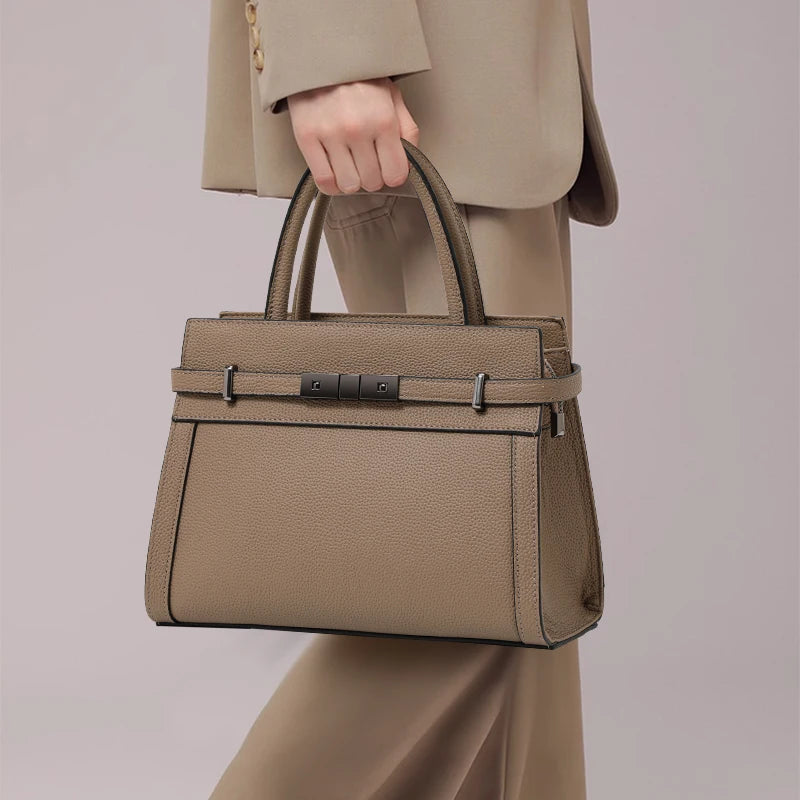 Minimalist Litchi Grain Cow Leather Tote Bag Ladies Metal Decor Top Handle Handbag Adjustable Strap Daily Shoulder Purse...