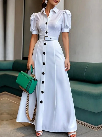 Modigirl 2025 New Womens Summer Shirt Dress with Belt  White Green Short Sleeve Eelegant Long Dresses Clothing for Woman