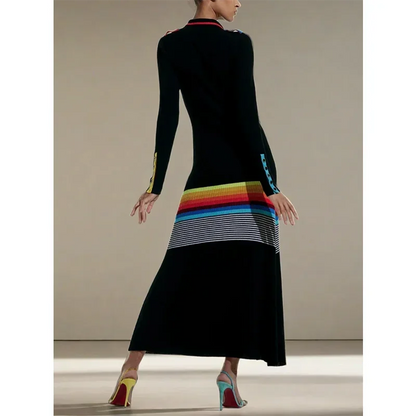 Freeacy Women's Colorful Striped Skinny Dress Lapel Neck Long Sleeves Single-breasted Ankle-Length Dress Autumn Women's Clothing