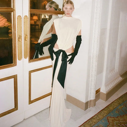 Sexy Elegant Backless Bow Lace Up Maxi Dress Women Sleeveless Hollow Out Party Evening Long Dresses White Purple Robes