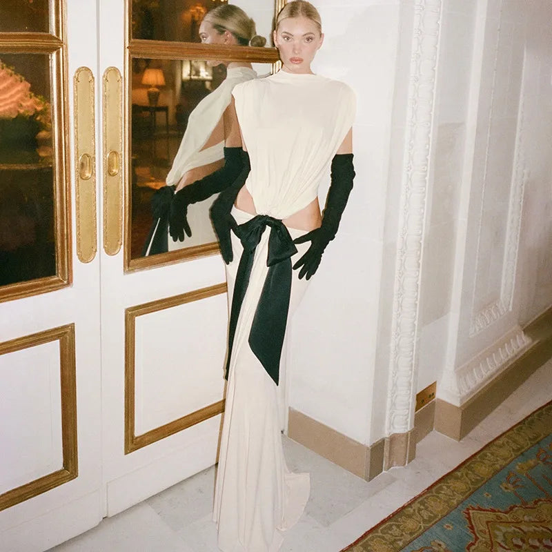 Sexy Elegant Backless Bow Lace Up Maxi Dress Women Sleeveless Hollow Out Party Evening Long Dresses White Purple Robes