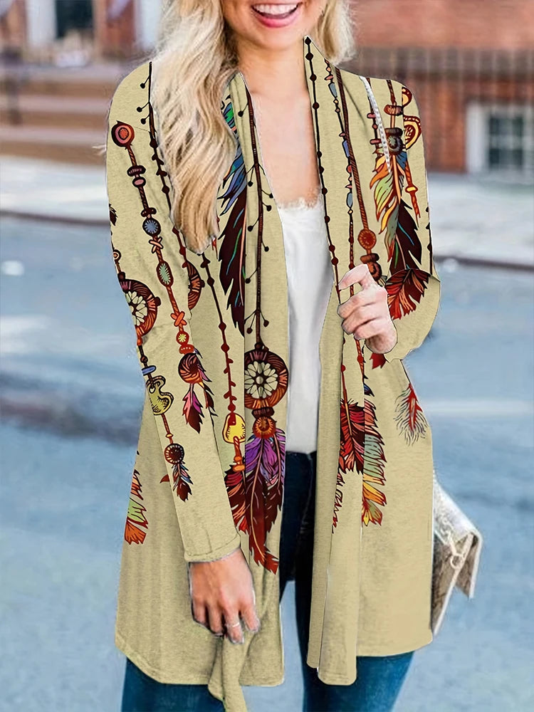 Plus Size 2024 Autumn New Women's Fashion Long Sleeve Retro Feather Print Jacket Cardigan Casual Loose