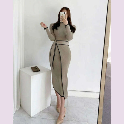 Elegant Stand Collar Contrast Bandage Long Sleeve Women Knitted Dress Autumn Korean Fashion Casual Knit Bodycondresses Vestidos