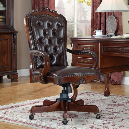 12American Genuine Leather Retro Carved Solid Wood Swivel Chair Office Chair Lift | Kimlud Vintage Luxury Home