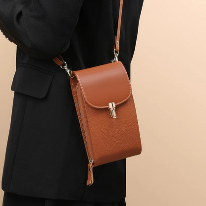 Genuine Leather Phone Bag, Crossbody Bag, Shoulder Bag with 8 Card Slots, ID Evidence Slot, Zipper Pocket, lychee Patterned Cowh