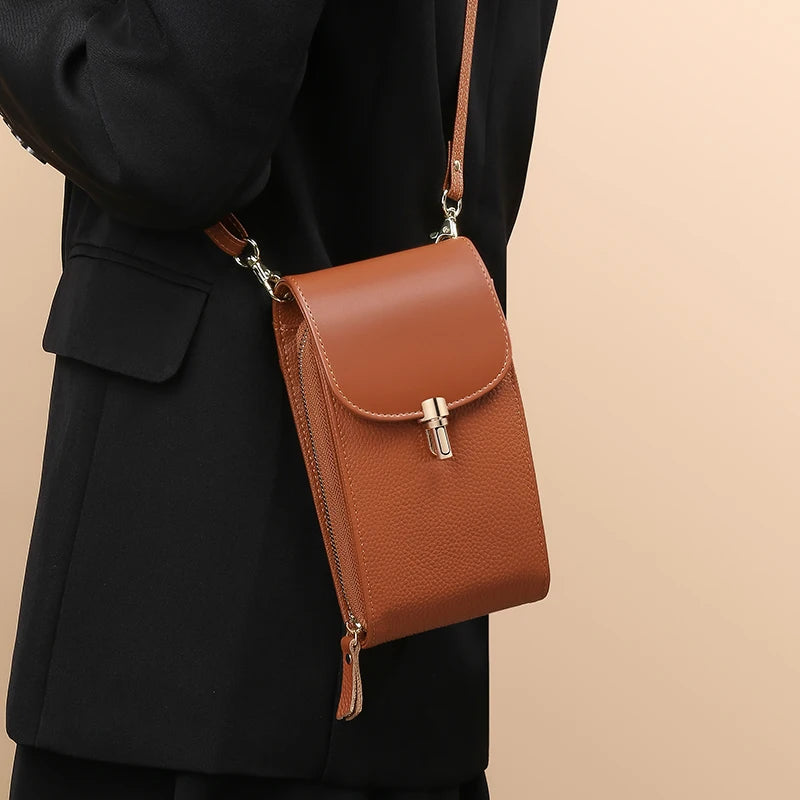 Genuine Leather Phone Bag, Crossbody Bag, Shoulder Bag with 8 Card Slots, ID Evidence Slot, Zipper Pocket, lychee Patterned Cowh