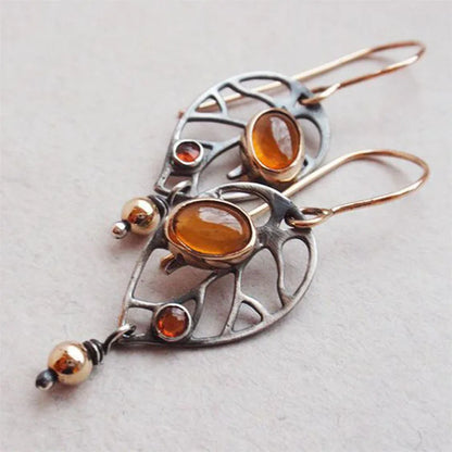 1Pair Gypsy Retro Old Ancient Silver Plated Hollow Metal Orange Yellow Stone Dangle Earrings For Women Jewelry