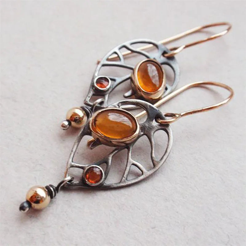 1Pair Gypsy Retro Old Ancient Silver Plated Hollow Metal Orange Yellow Stone Dangle Earrings For Women Jewelry