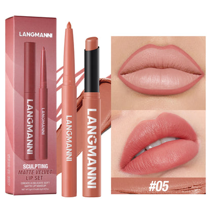 Integrated waterproof lipliner+lipstick lipstick lipstick set,no smudge,no fade,no cup,durable,easy to create a perfect makeup!