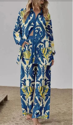 Casual Printed Two Piece Set Women Spring Summer New Fashion Comfort Holiday Button Long Sleeve Shirts And Wide Leg Pants 2 Sets