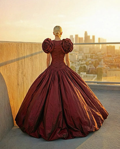 Burgundy Floral Party Dresses Custom Made Prom Dress Taffeta Pleated Long Prom Gowns Asymmetrical Long V Neck Women Dress - Kimlud