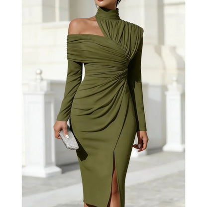 Sexy Package Hip Dress Off-shoulder Half-high Collar Long-sleeved Banquet Dress Fashion Elgant Pleated Slim Female Slit Dresses