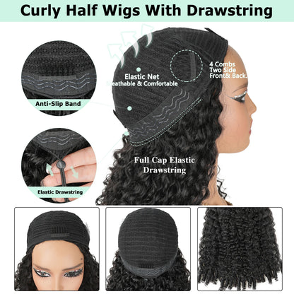 New Arrival 250 Density Burmese Curly Brazilian Kinky Curly Machine Half Wig Seamless Flip Over Headband 3 IN1...